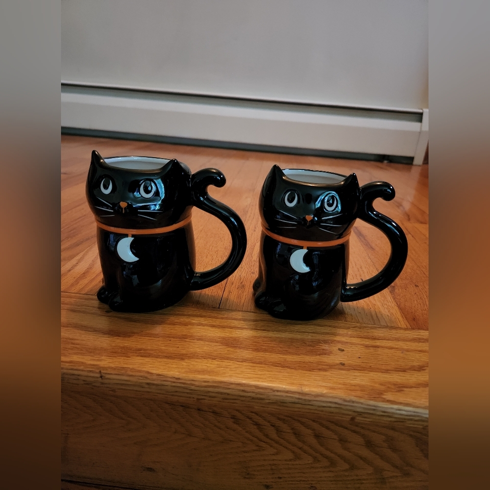 Hyde And Eek Halloween Black Cat Mugs Set Of 2 NWOT